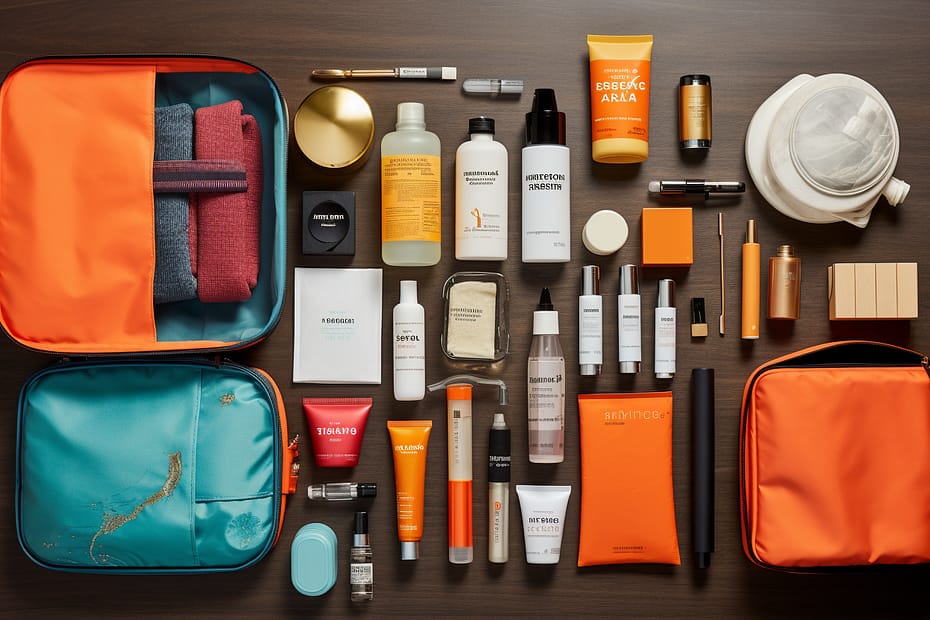 Collection of travel-sized toiletries arranged neatly